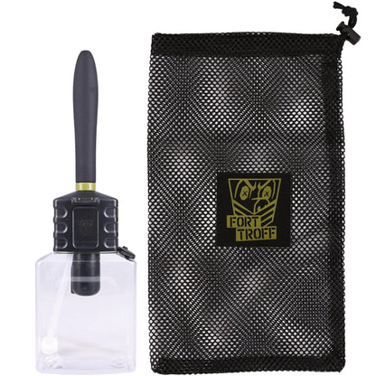 Hydro-Pro rechargeable anal douche next to its Fort Troff mesh storage bag on white, Fort Troff gay gear at Boyzshop