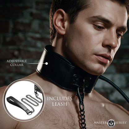 Man wearing the black inflatable collar fastened at his neck, with the pump hose running from the collar and the chain leash clipped to the front ring