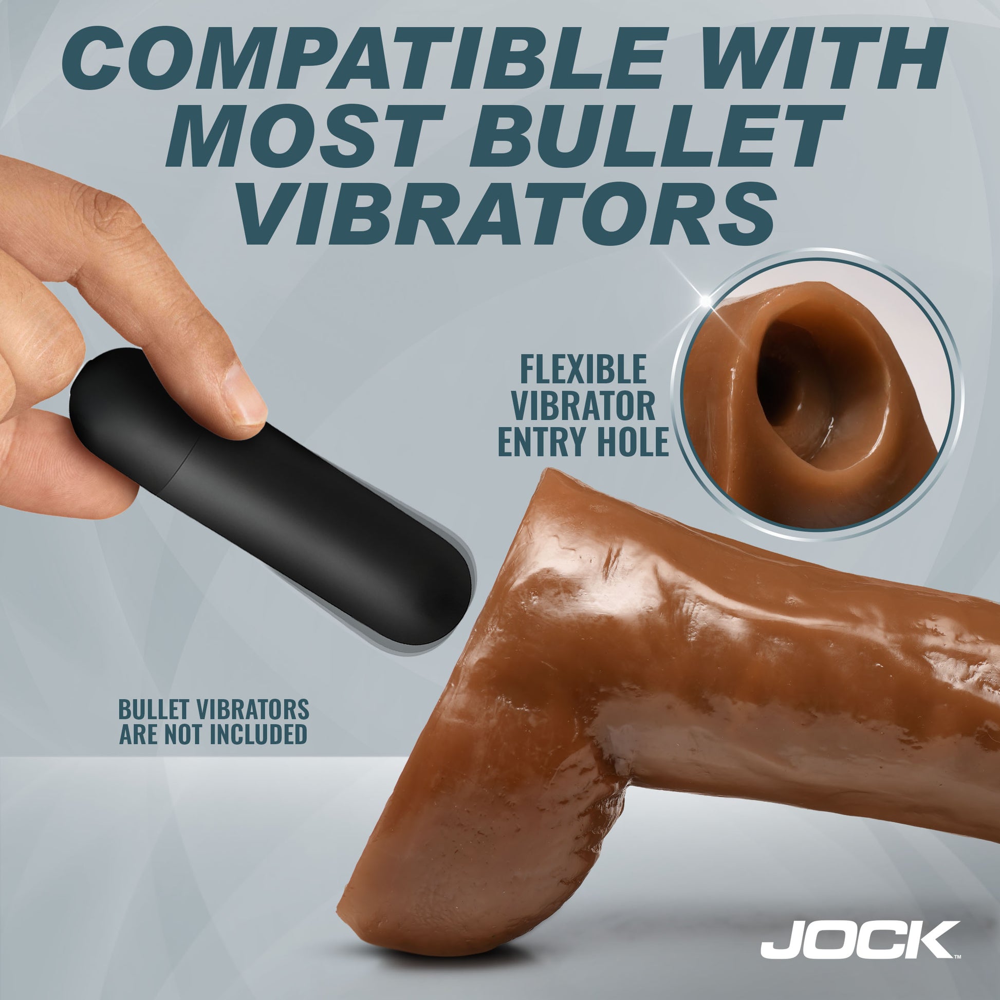 Sculpted balls flush close-up on the Jock 10-Inch realistic dildo with veined shaft