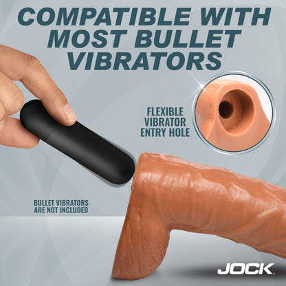 Sculpted balls flush close-up on the Jock 9-Inch realistic dildo with veined shaft.