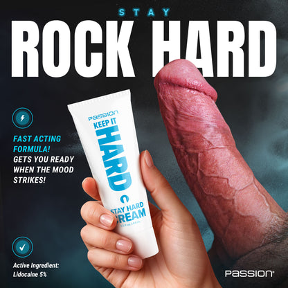 hand holding Keep It Hard Stay Hard cream tube beside erect penis with fast acting lidocaine formula graphic