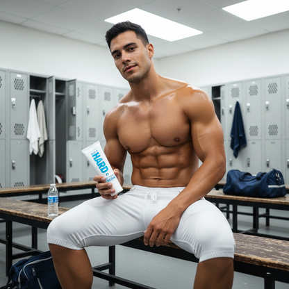 muscular man seated in locker room holding Keep It Hard Stay Hard cream tube while wearing white compression shorts
