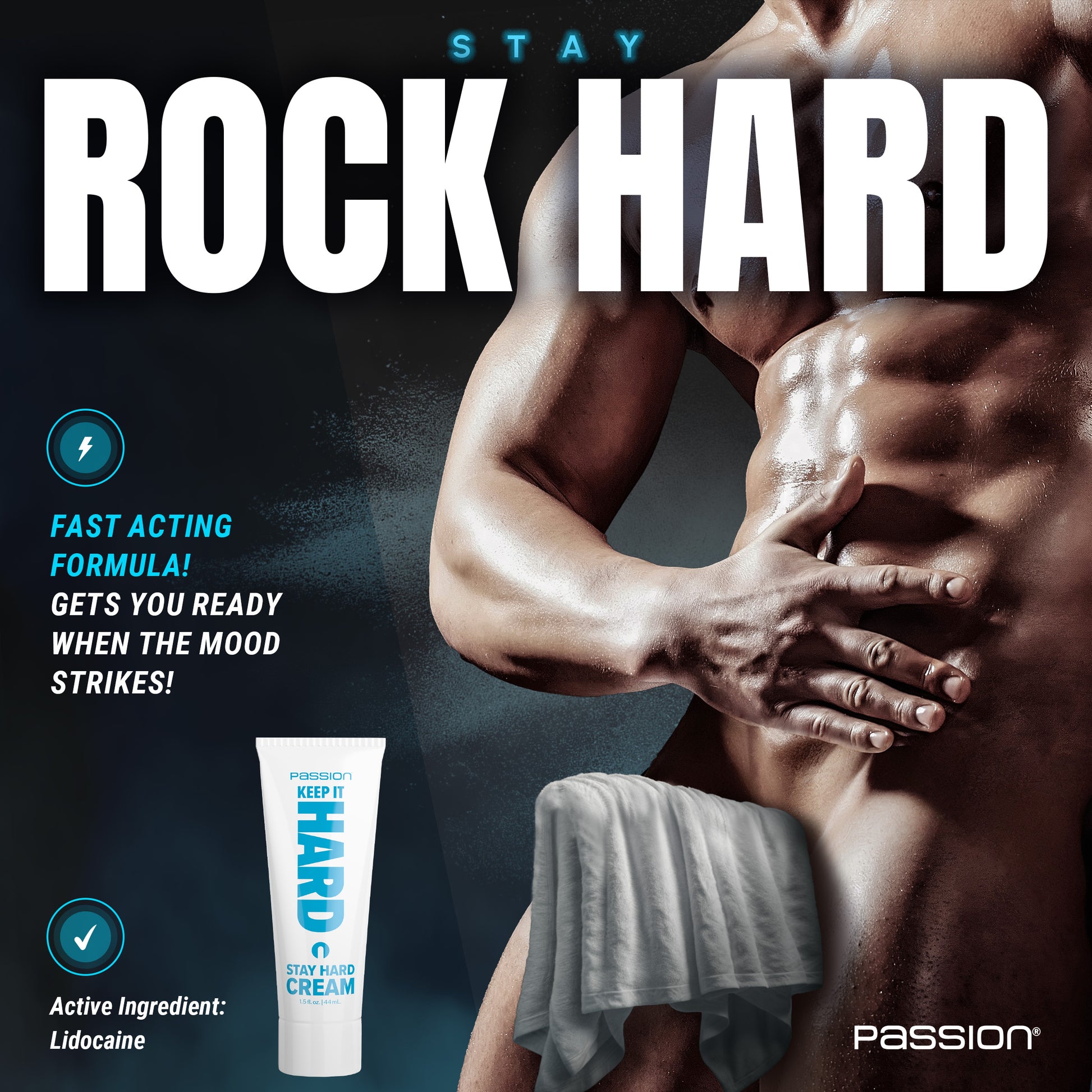 Keep It Hard Stay Hard cream promotional graphic with muscular male torso and fast acting lidocaine formula callout