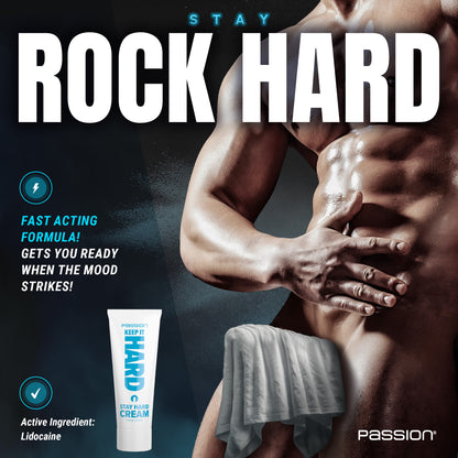 Keep It Hard Stay Hard cream promotional graphic with muscular male torso and fast acting lidocaine formula callout