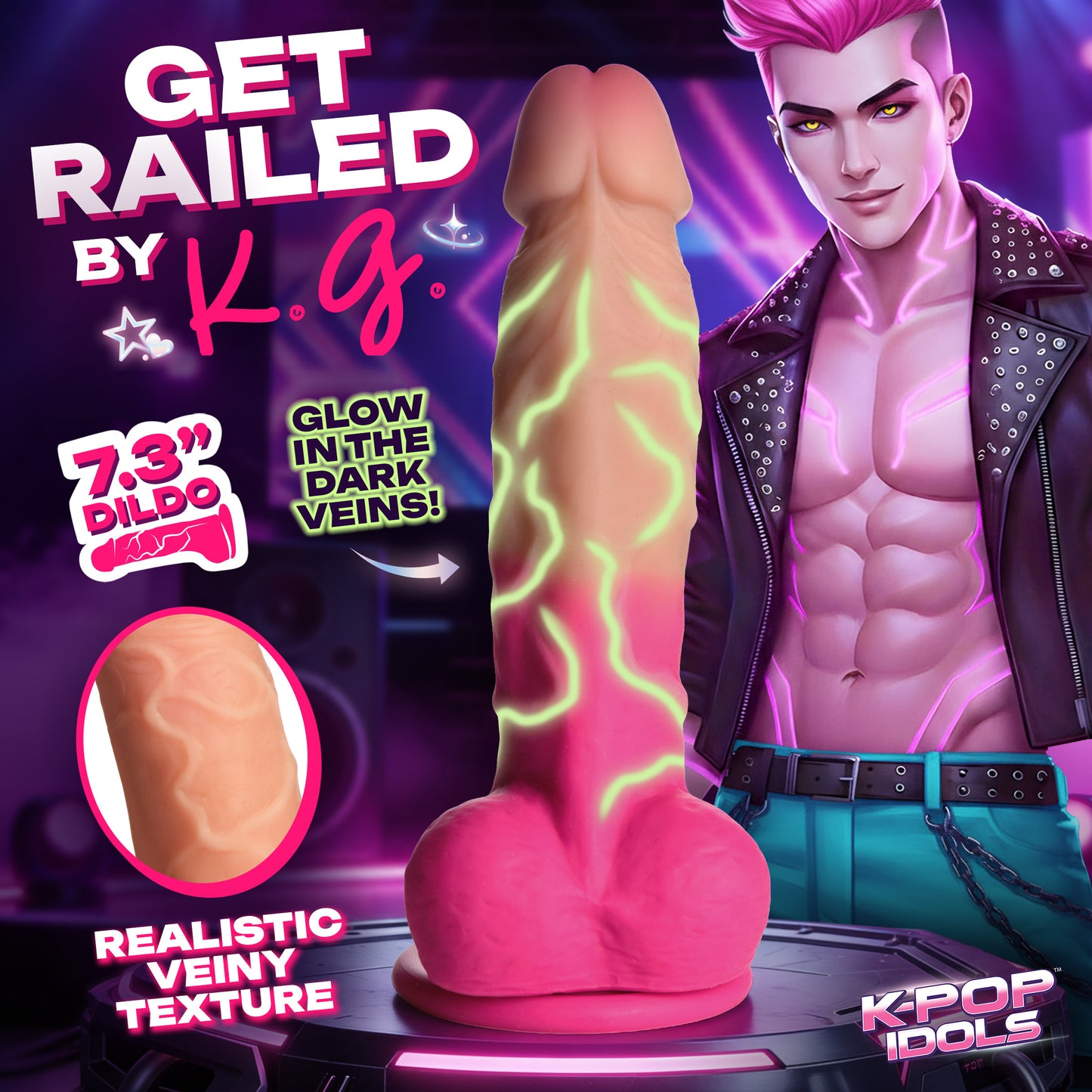Glow vein shaft detail on the K.G. of X-POP dildo