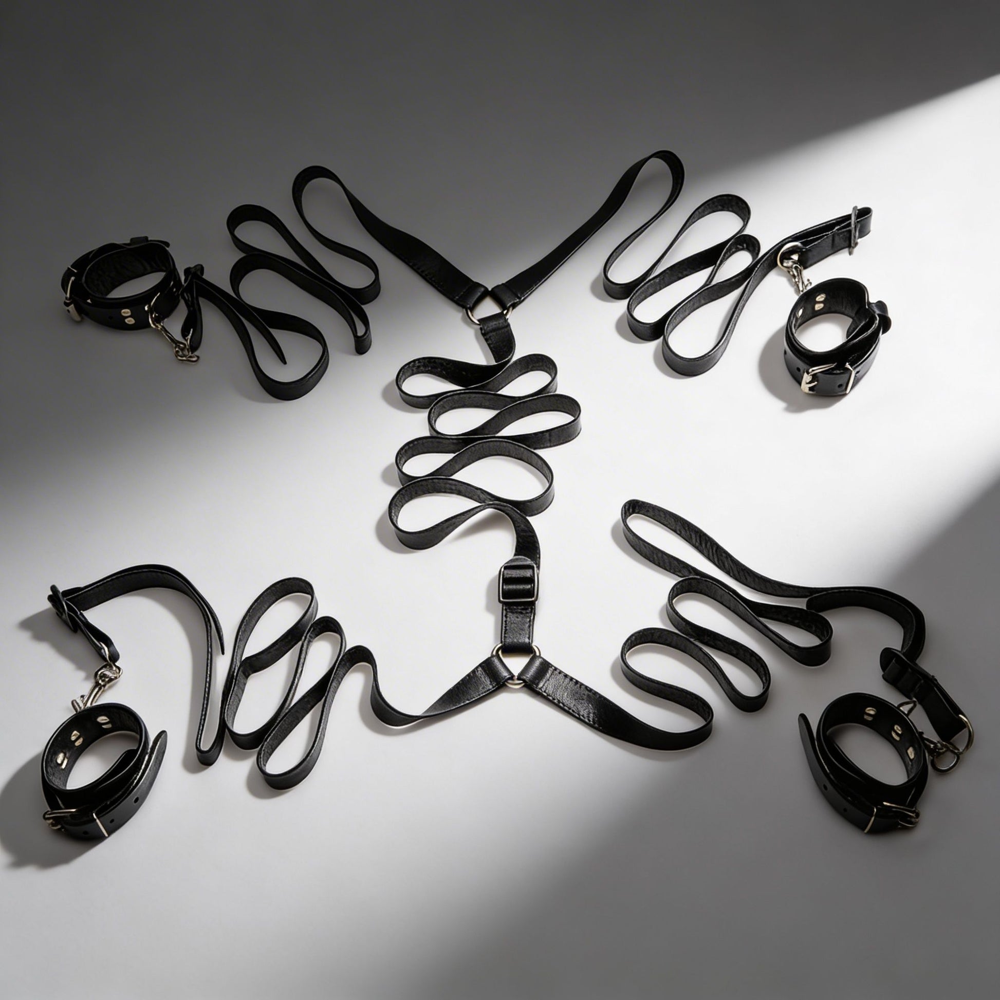 leather bed restraint kit for gay men complete bondage set with straps cuffs and connectors for full body restraint