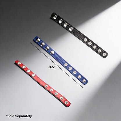 black blue and red leather snap cock rings laid flat with adjustable snap closures and 8.5 inch length measurement shown on gray background sold separately