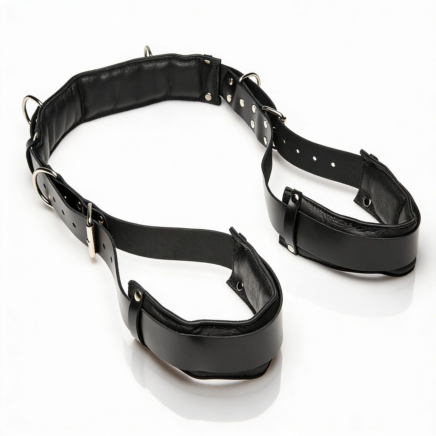 black leather thigh sling restraint system with padded thigh cuffs, adjustable collar, and silver hardware displayed on white background