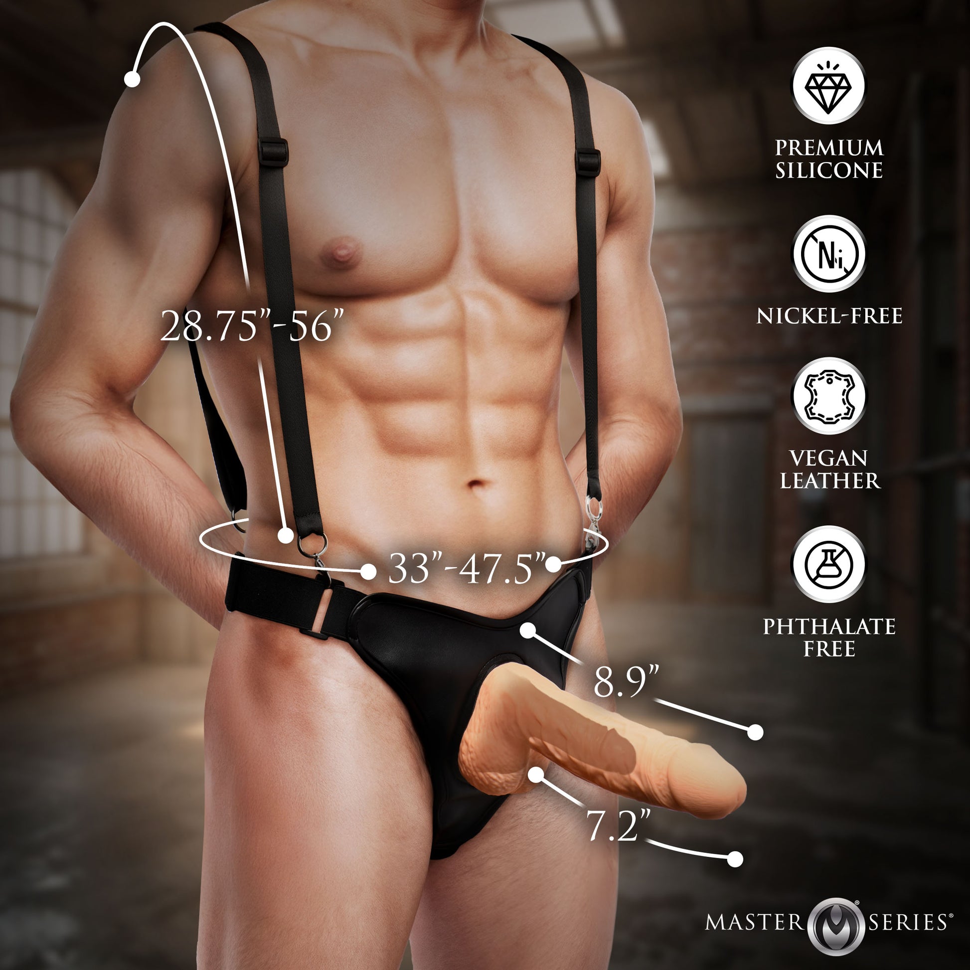 Size chart for the Magnum 9 inch hollow dildo and harness