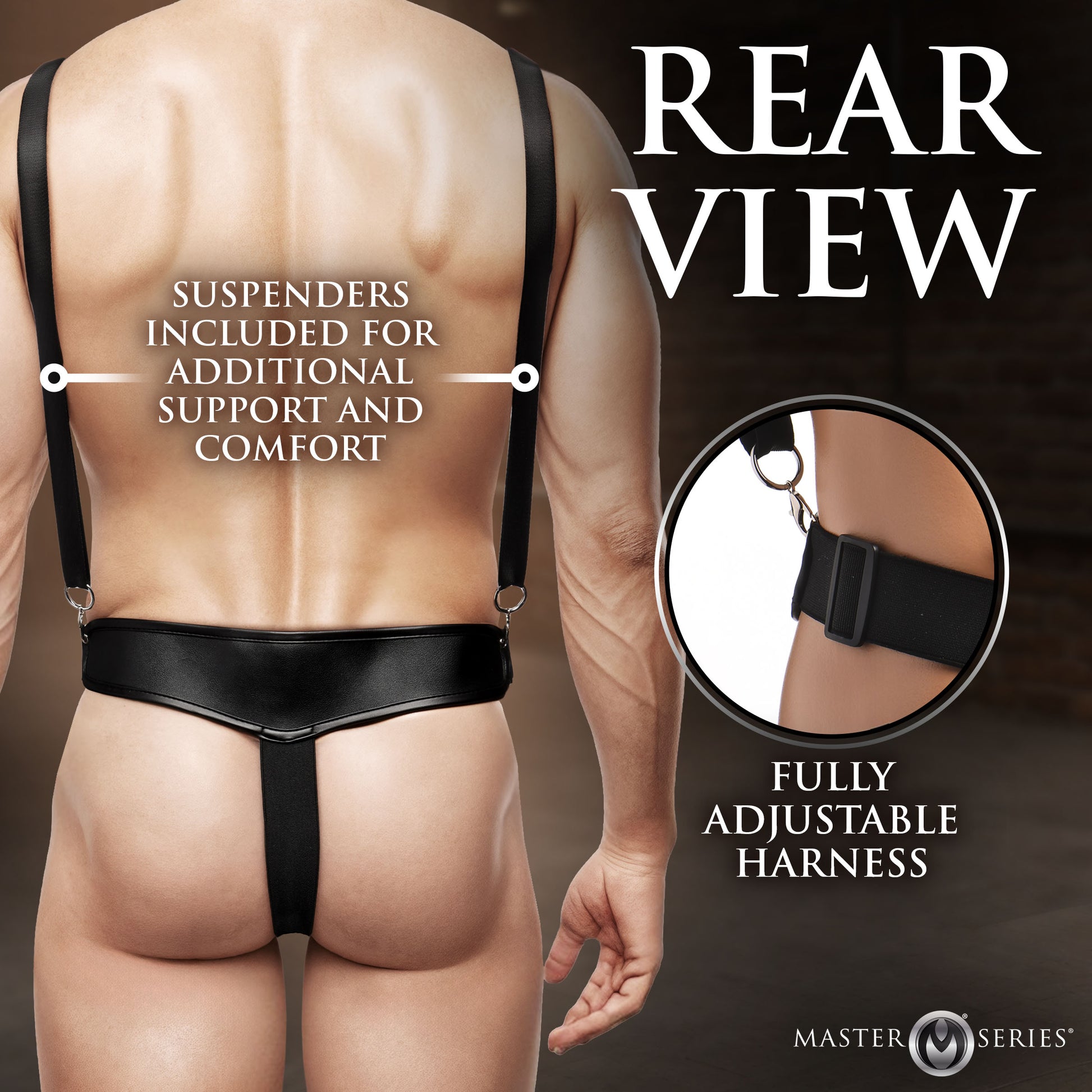 Vegan leather harness and buckles on the Magnum strap-on rig