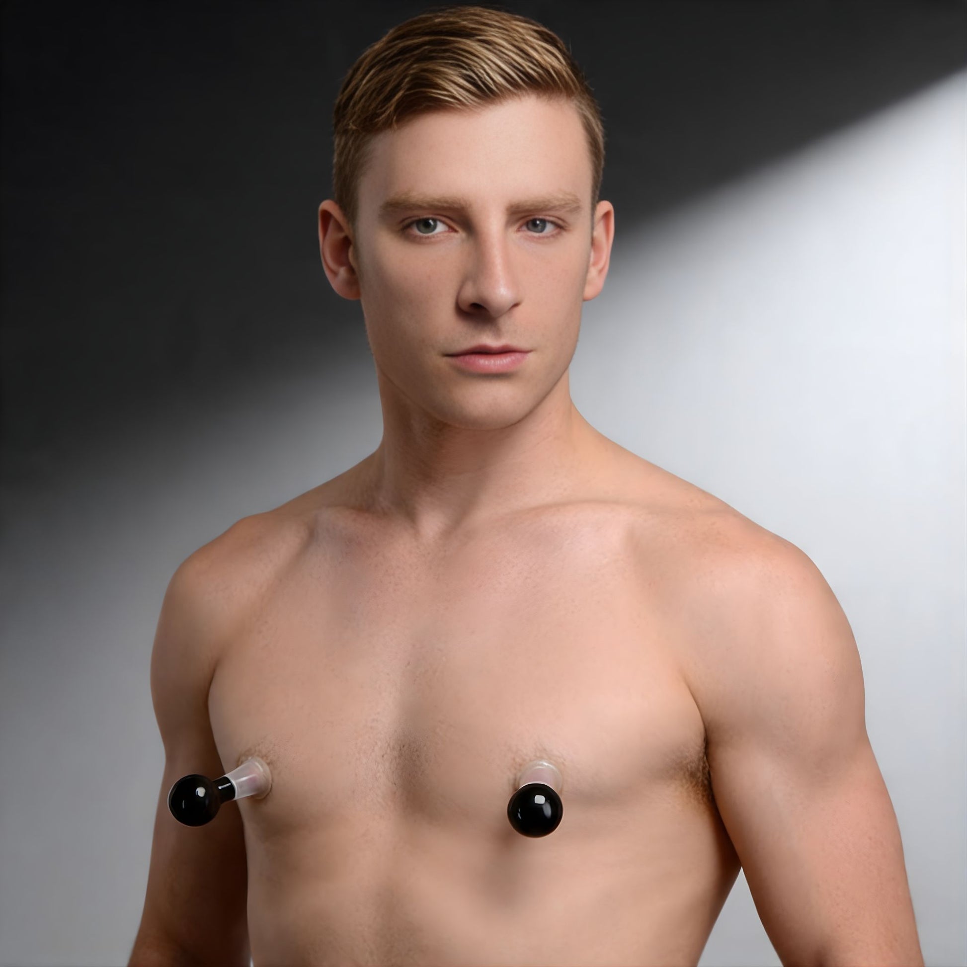 male model wearing clear nipple suckers showing dual nipple pump suction placement