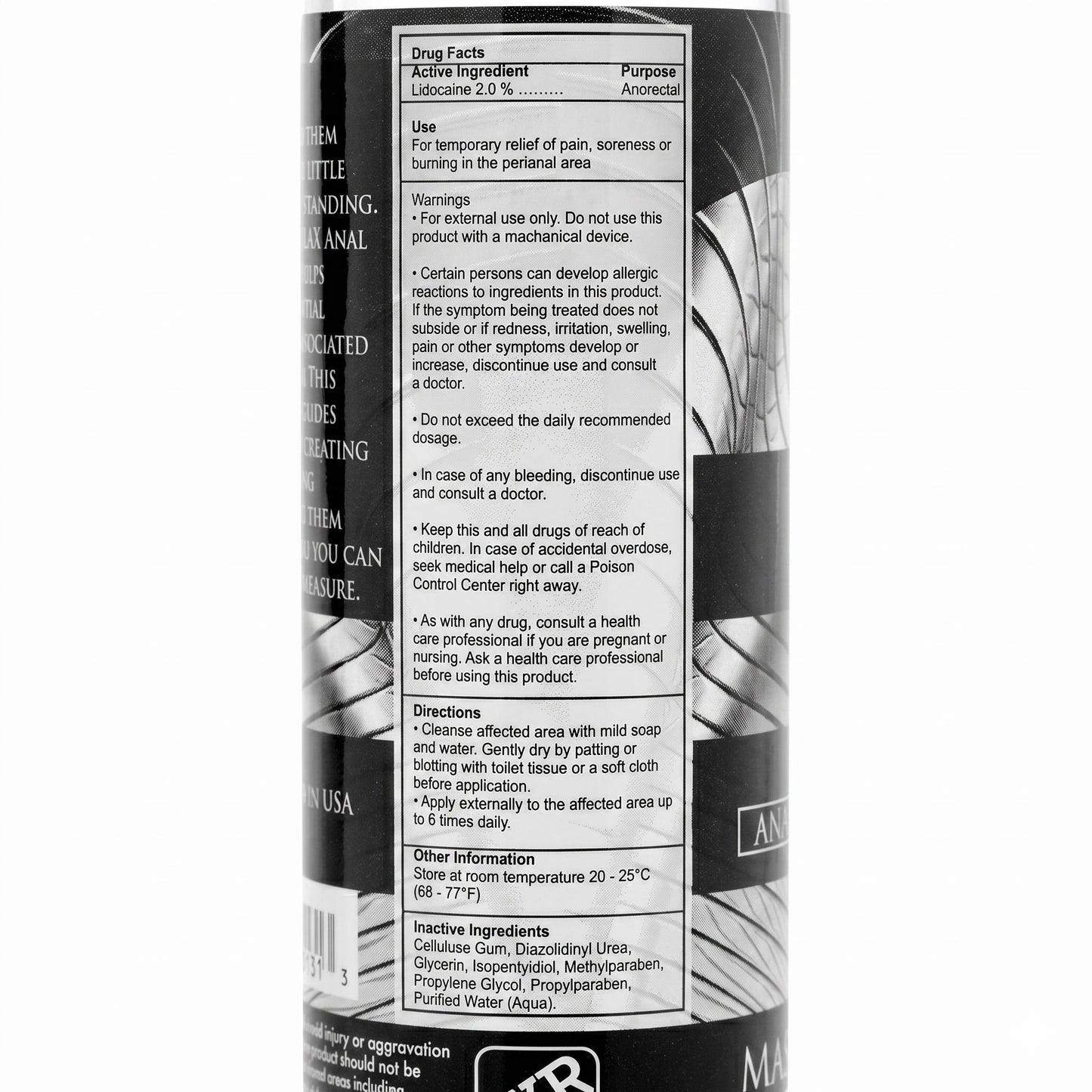 close up of Master Series Ass Relax desensitizing lubricant label showing lidocaine ingredient information, warnings, and directions for use