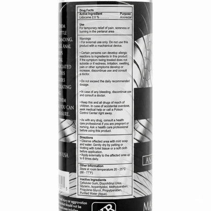 close up of Master Series Ass Relax desensitizing lubricant label showing lidocaine ingredient information, warnings, and directions for use