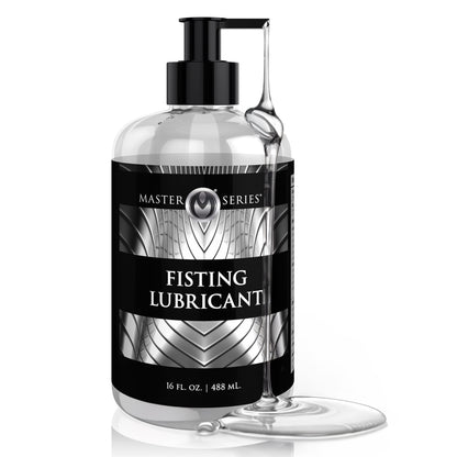 16 ounce Master Series fisting lubricant bottle with thick clear lubricant dripping down pump dispenser on white background