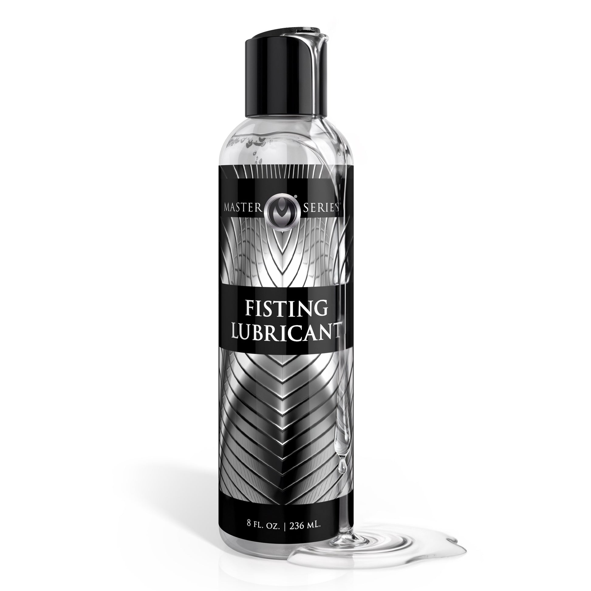 Master Series fisting lubricant bottle with clear water based lubricant spill on white background