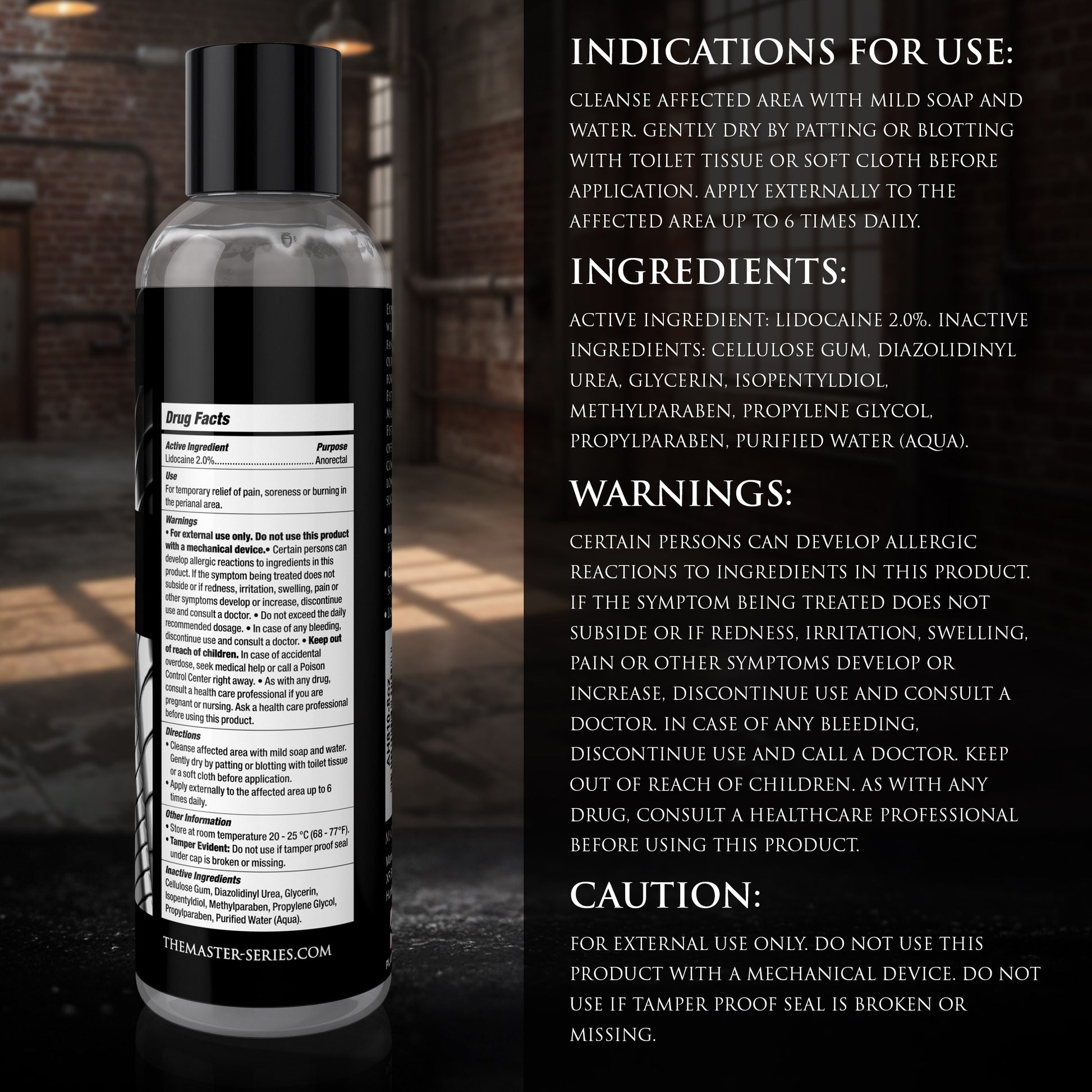 back label view of Master Series fisting lubricant showing drug facts ingredients directions and warning information