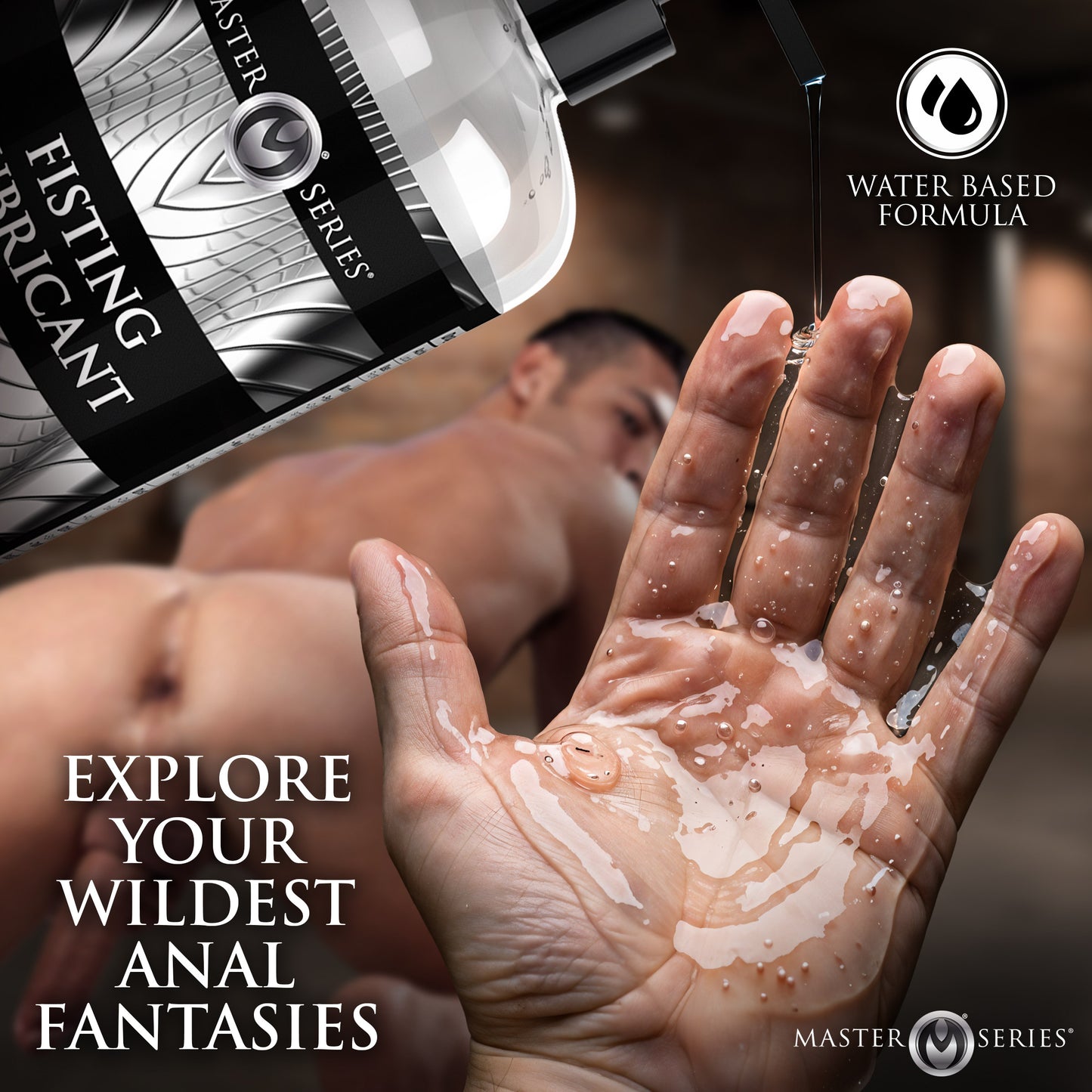 close-up of hand covered in clear Master Series fisting lubricant with water based formula callout graphic