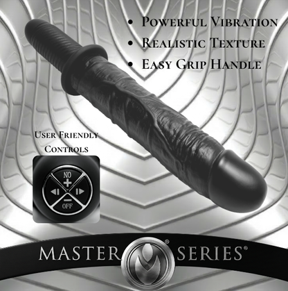 Master Series Violator 13 Mode XL Dildo Thruster with realistic texture, easy grip handle, and remote control feature highlights