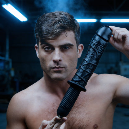 shirtless man holding Master Series Violator 13 Mode XL vibrating dildo thruster in dark studio setting