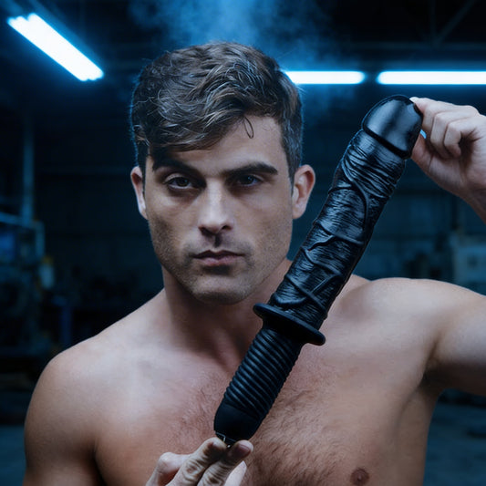 shirtless man holding Master Series Violator 13 Mode XL vibrating dildo thruster in dark studio setting