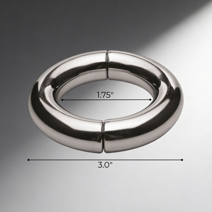 stainless steel magnetic cock ring with labeled measurements showing 3 inch outer diameter and 1.75 inch inner diameter