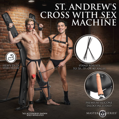 Padded vegan leather dungeon cross with included silicone dildo for gay kink