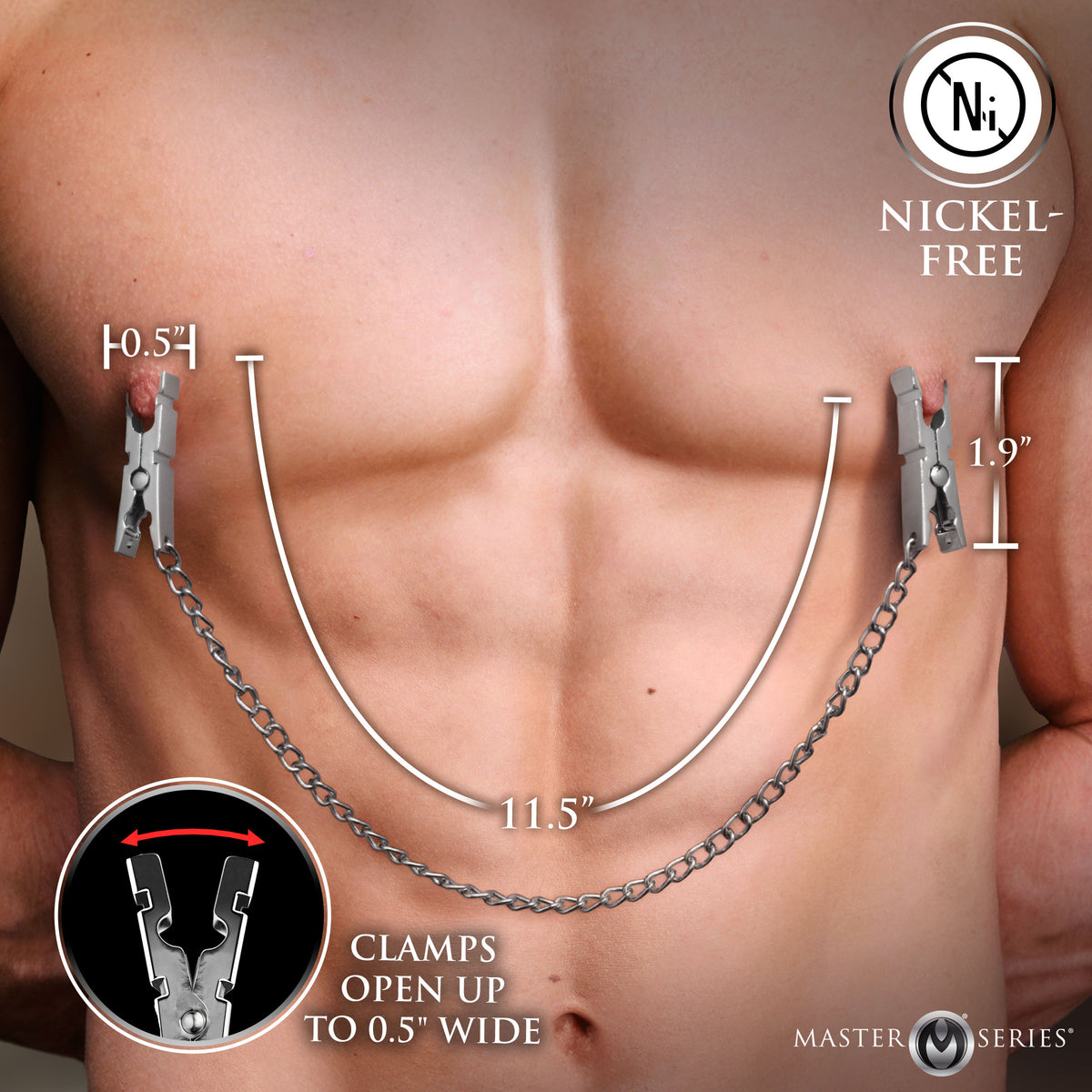 Size chart for the Naughty Pleasure nipple clamps and chain