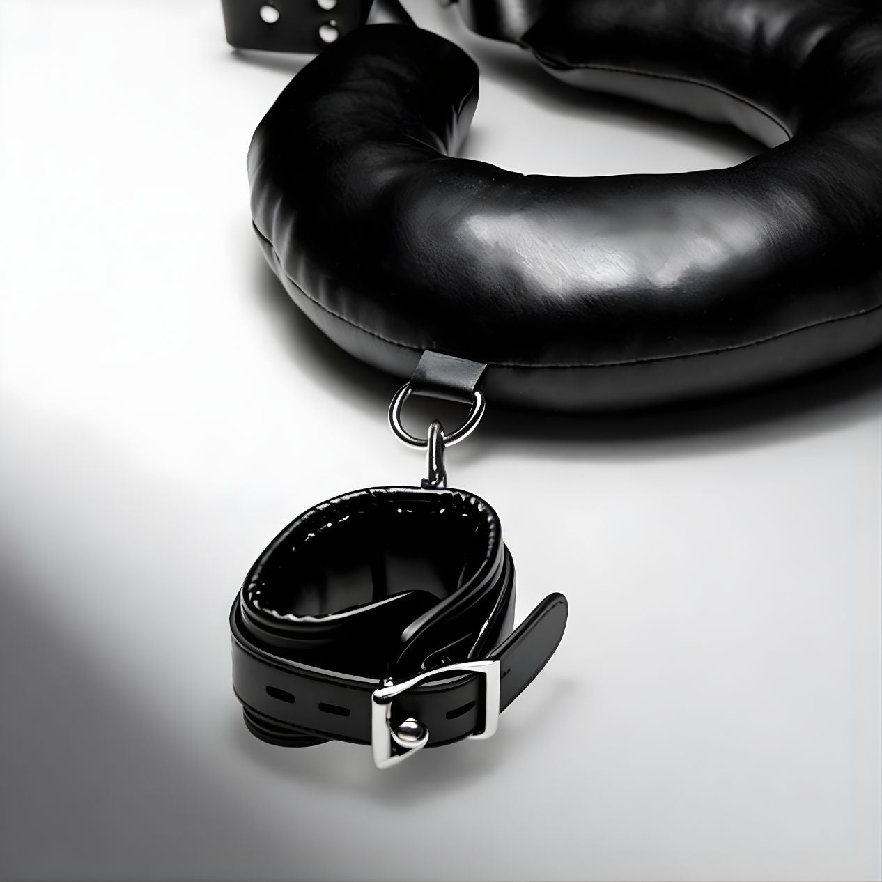 close up of padded collar strap with metal buckle and attachment ring from thigh sling restraint