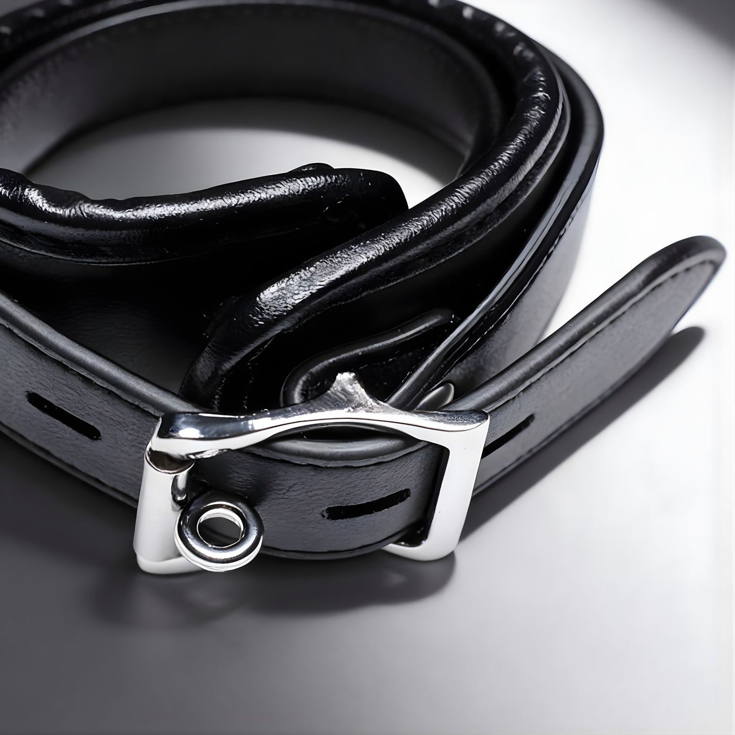 close up of black wrist cuff attached to padded sling with metal ring and connector