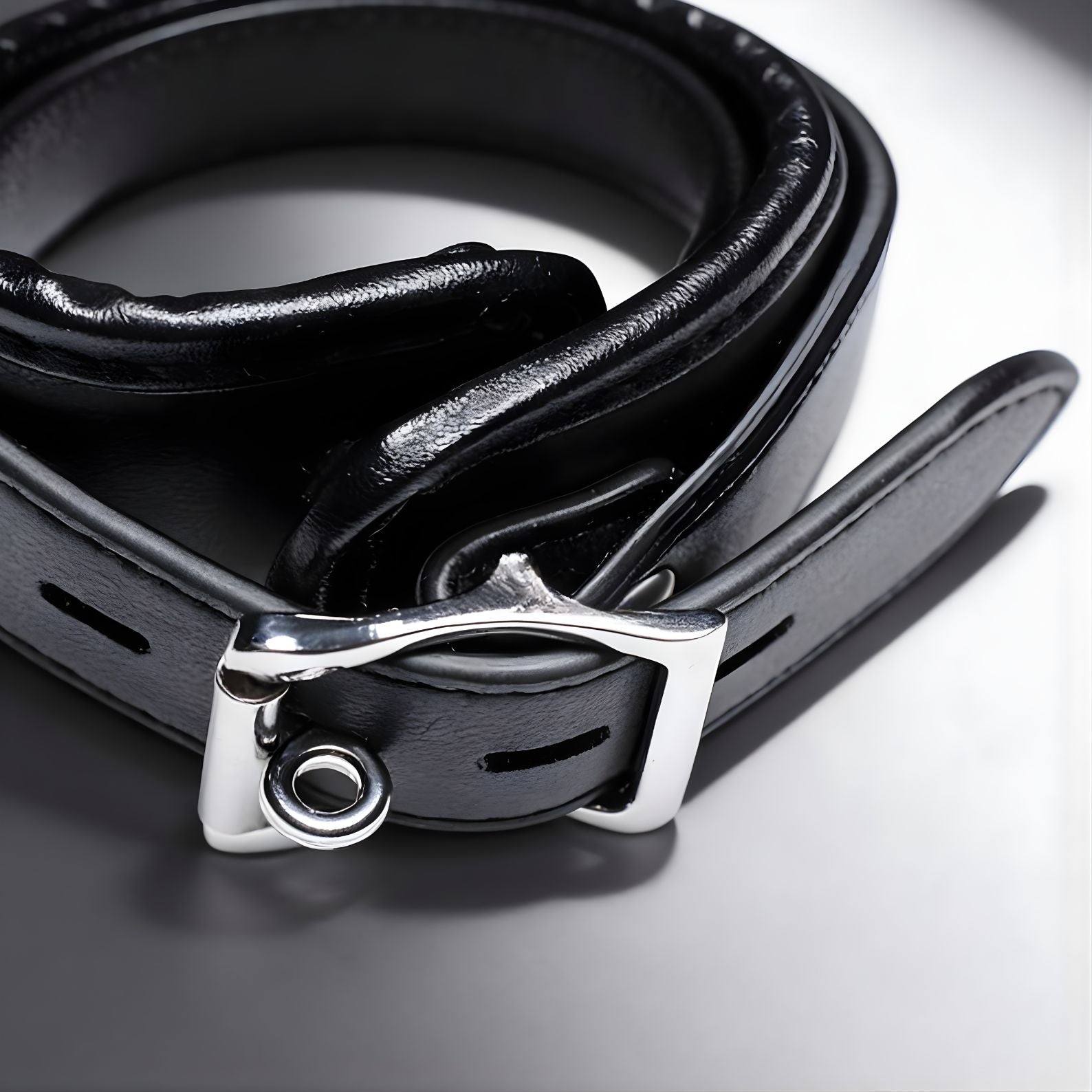 close up of black wrist cuff attached to padded sling with metal ring and connector