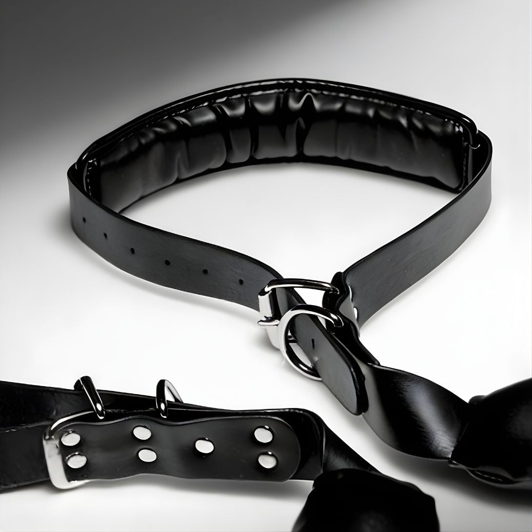 close up of padded black sling cushion with smooth finish and stitched seams