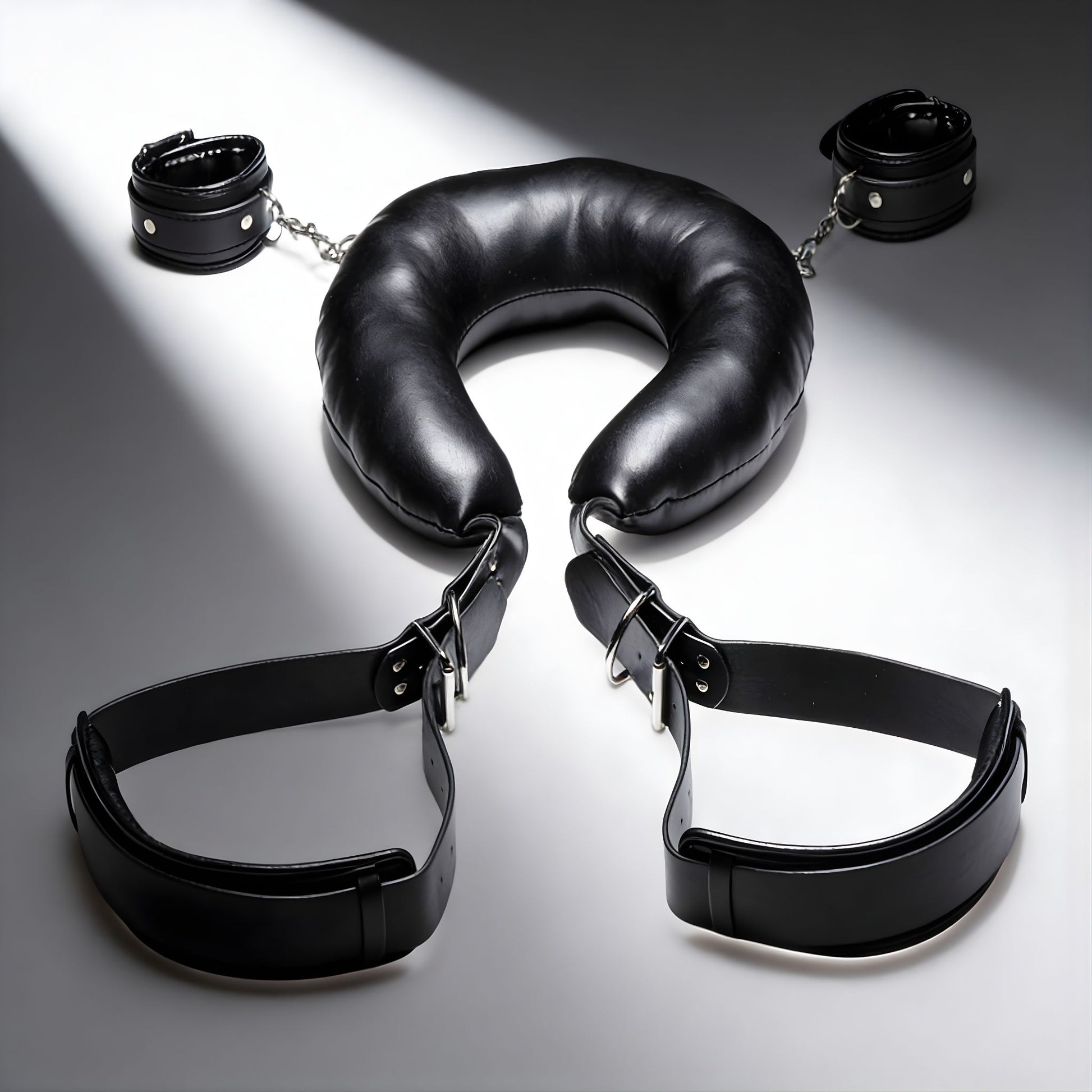 padded black thigh sling with attached wrist cuffs and metal chain connectors displayed on white background