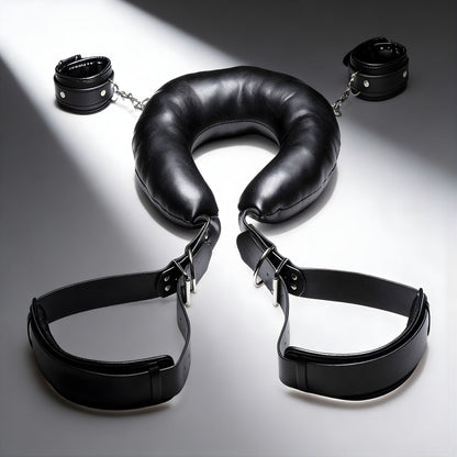 padded black thigh sling with attached wrist cuffs and metal chain connectors displayed on white background