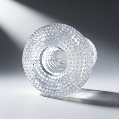 front view of a clear textured male stroker highlighting the entry opening, transparent material, and raised grip texture