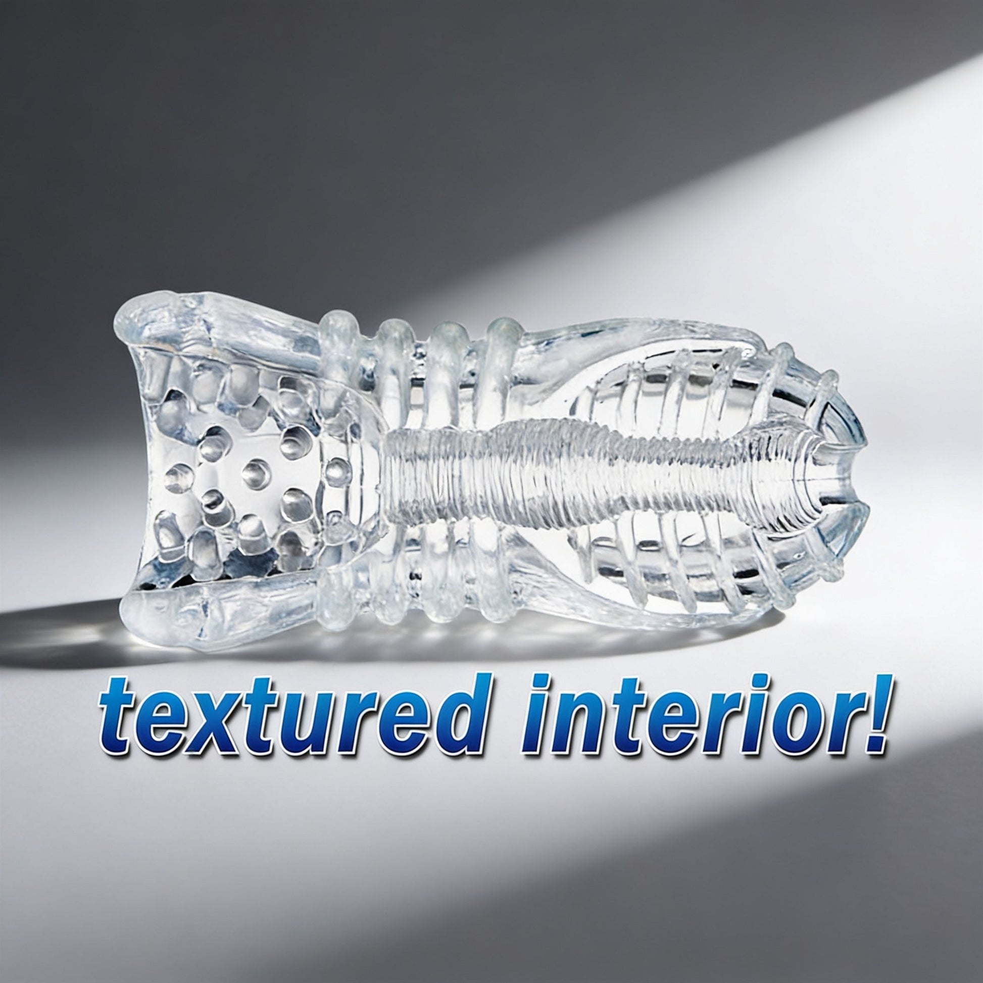 cutaway view of the Palm-Tec LX20 Intense Stroker showcasing the highly textured internal canal with ribs, nodules, and varied stimulation zones