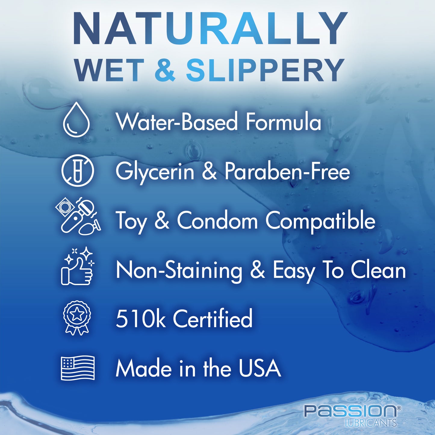 graphic highlighting benefits of Passion Natural Water Based Personal Lubricant including water based formula glycerin free condom compatible and made in the USA