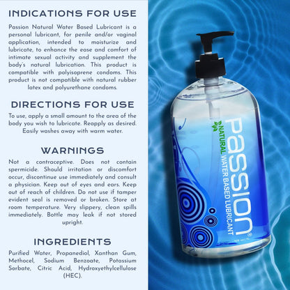 Passion Natural Water Based Lubricant bottle with indications directions warnings and ingredient information on blue water background