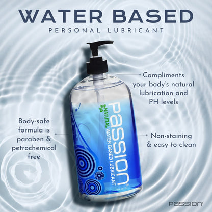 graphic highlighting Passion Natural Water Based Personal Lubricant benefits including paraben free formula balanced pH levels and easy cleanup on water ripple background