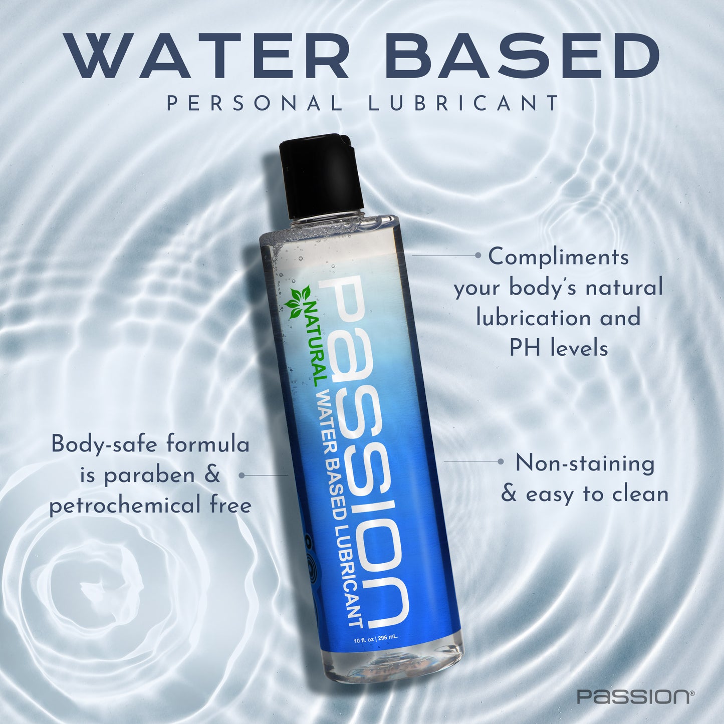 Passion Natural water based personal lubricant infographic highlighting body safe formula, pH friendly lubrication, and easy cleanupp