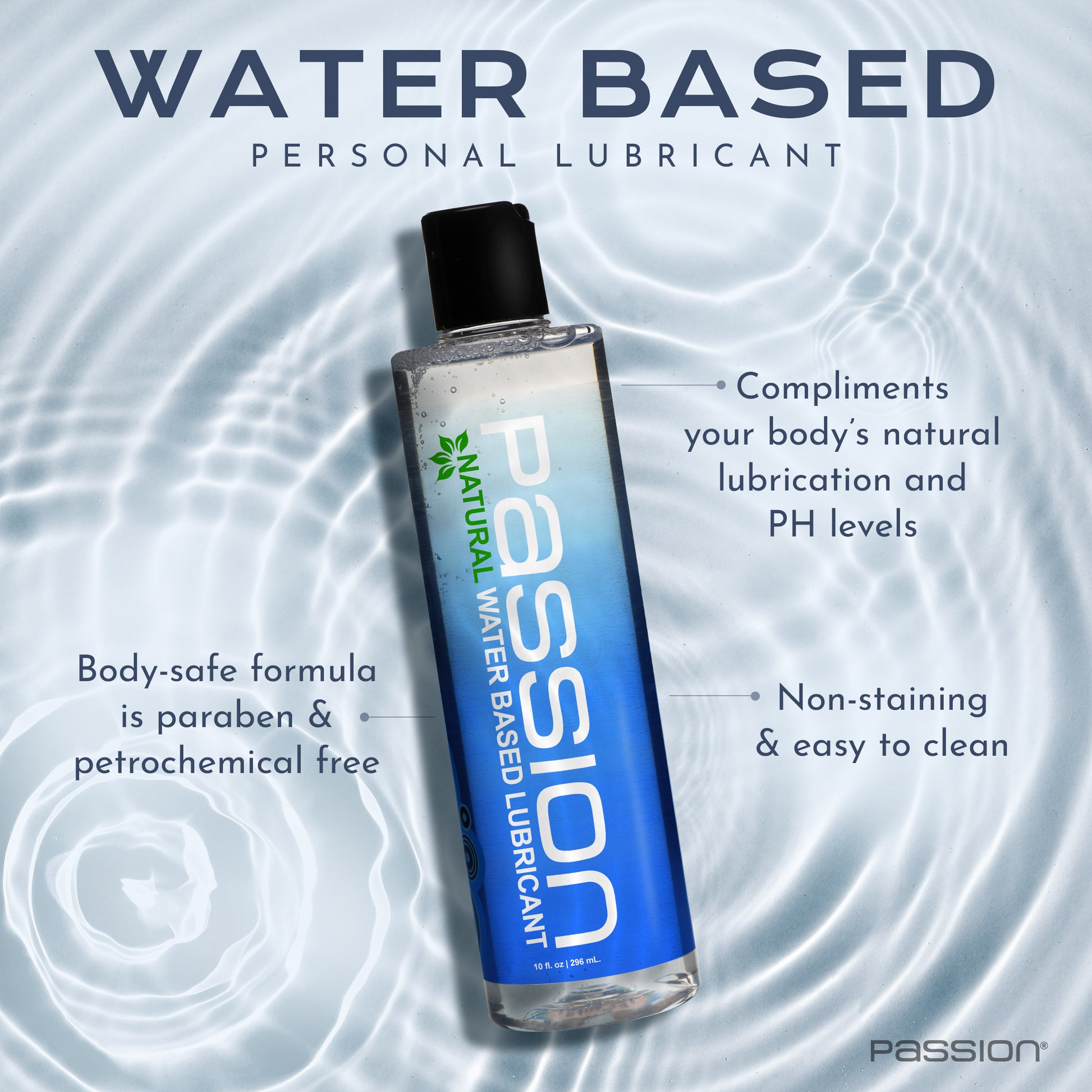 Passion Natural water based personal lubricant infographic highlighting body safe formula, pH friendly lubrication, and easy cleanupp