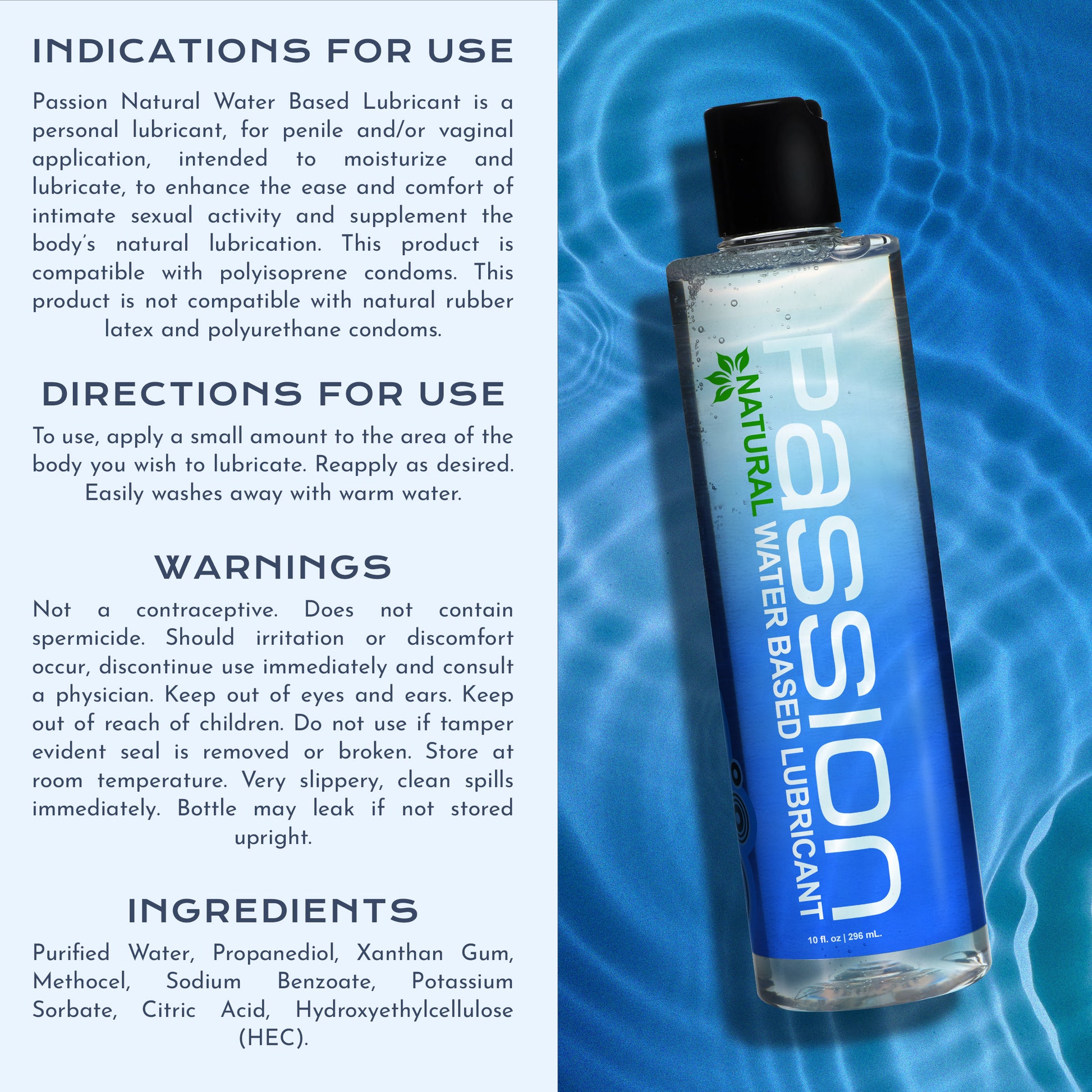 Passion Natural water based lubricant bottle beside directions, warnings, and ingredient information panel