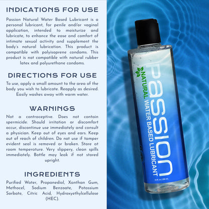 Passion Natural water based lubricant bottle beside directions, warnings, and ingredient information panel