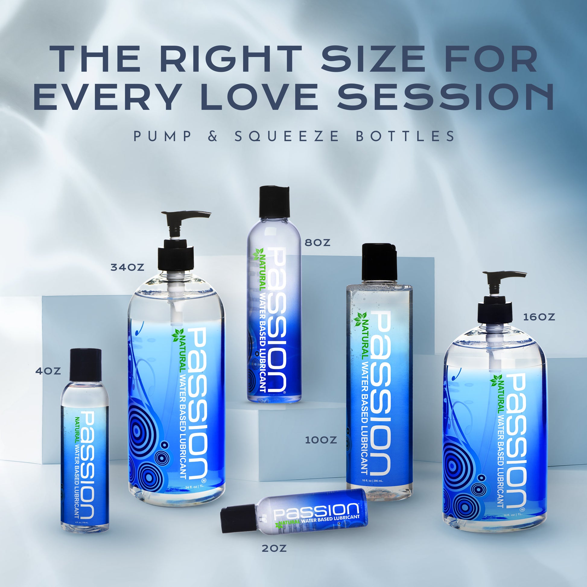 multiple sizes of Passion Natural water based lubricant bottles including 2 ounce, 4 ounce, 8 ounce, 10 ounce, 16 ounce, and 34 ounce options