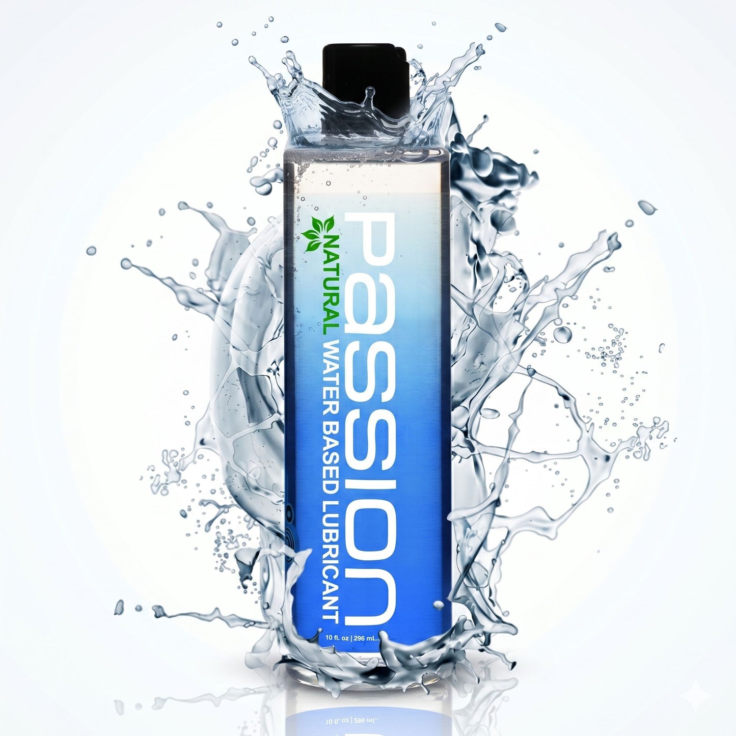Passion Natural water based lubricant bottle surrounded by dynamic water splash on white background