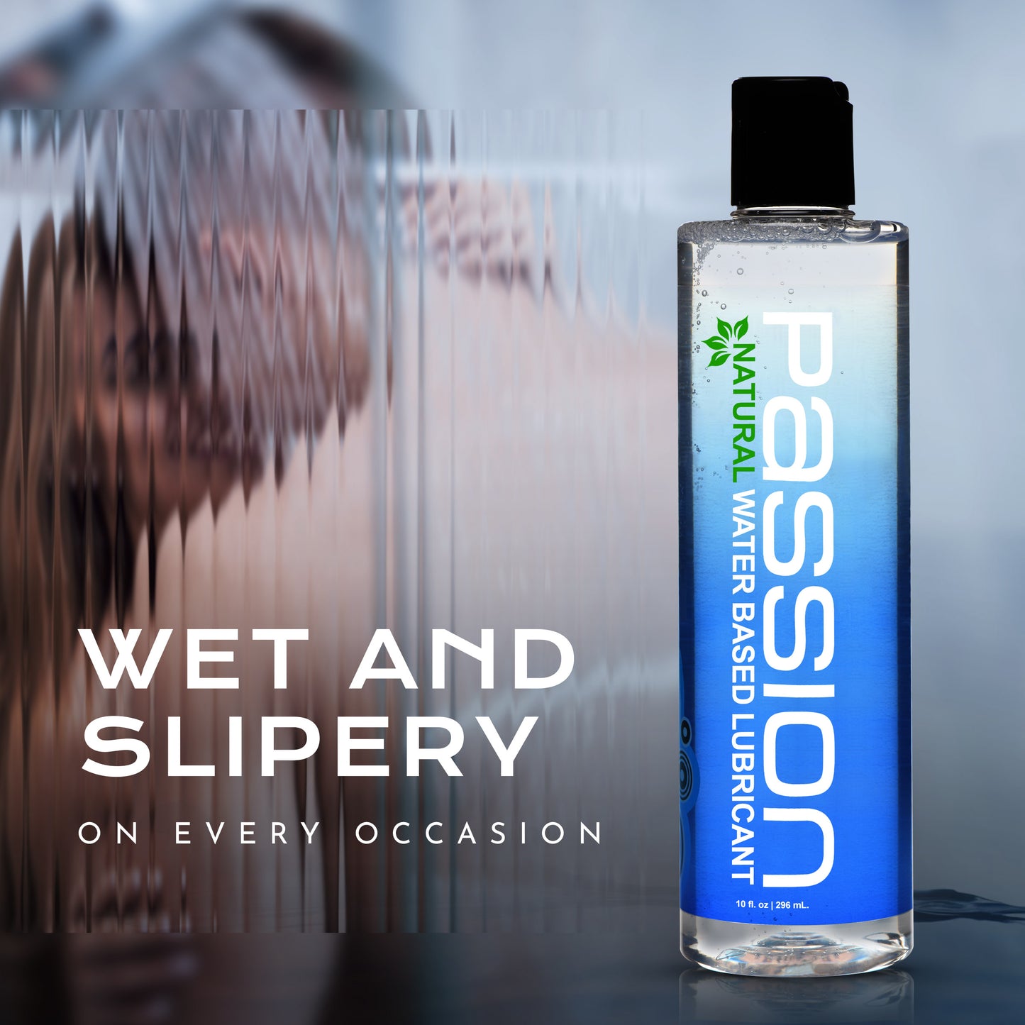 Passion Natural water based lubricant bottle with wet and slippery promotional text on soft blue background