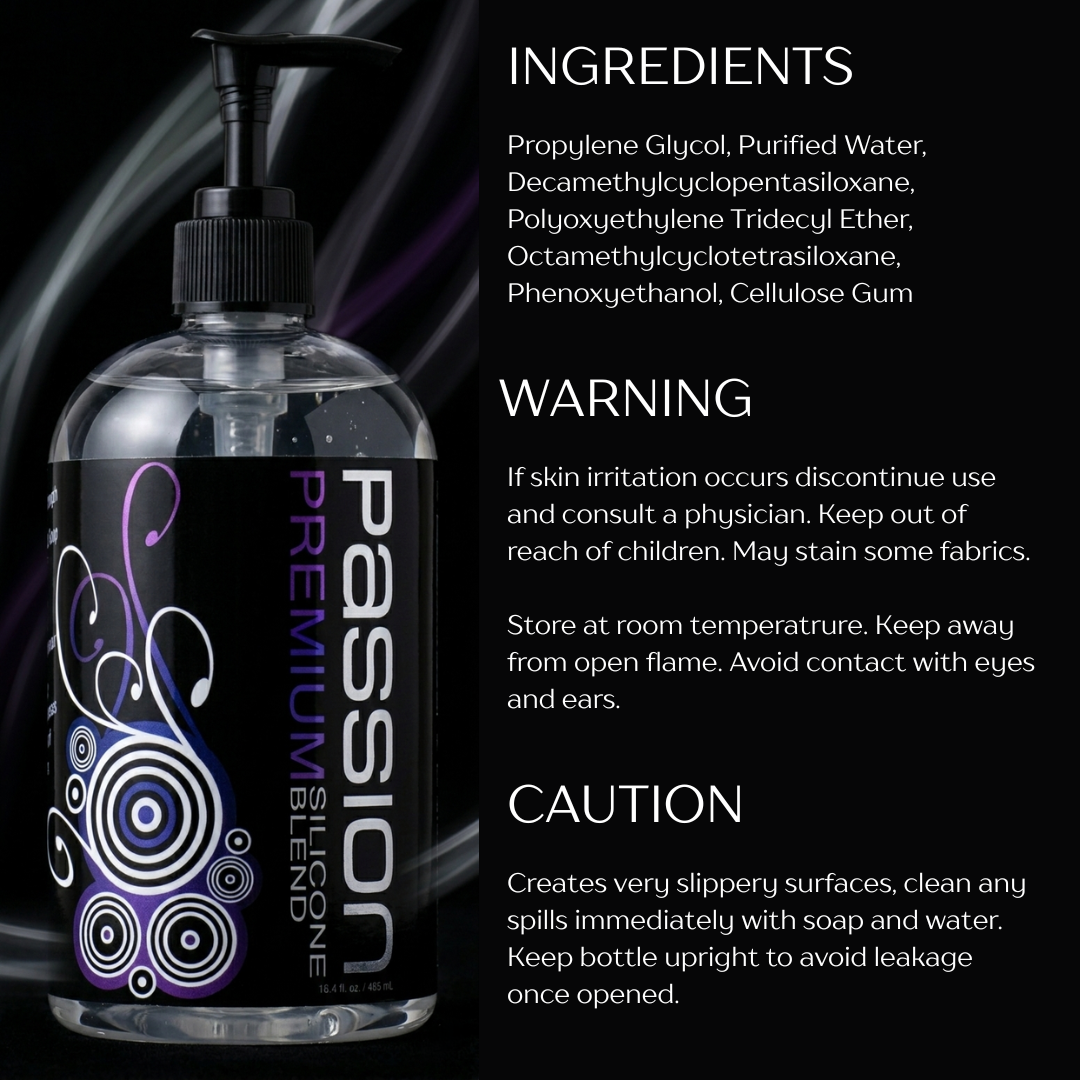 Passion Premium Silicone Blend lubricant bottle with ingredient list warning and caution information on black background