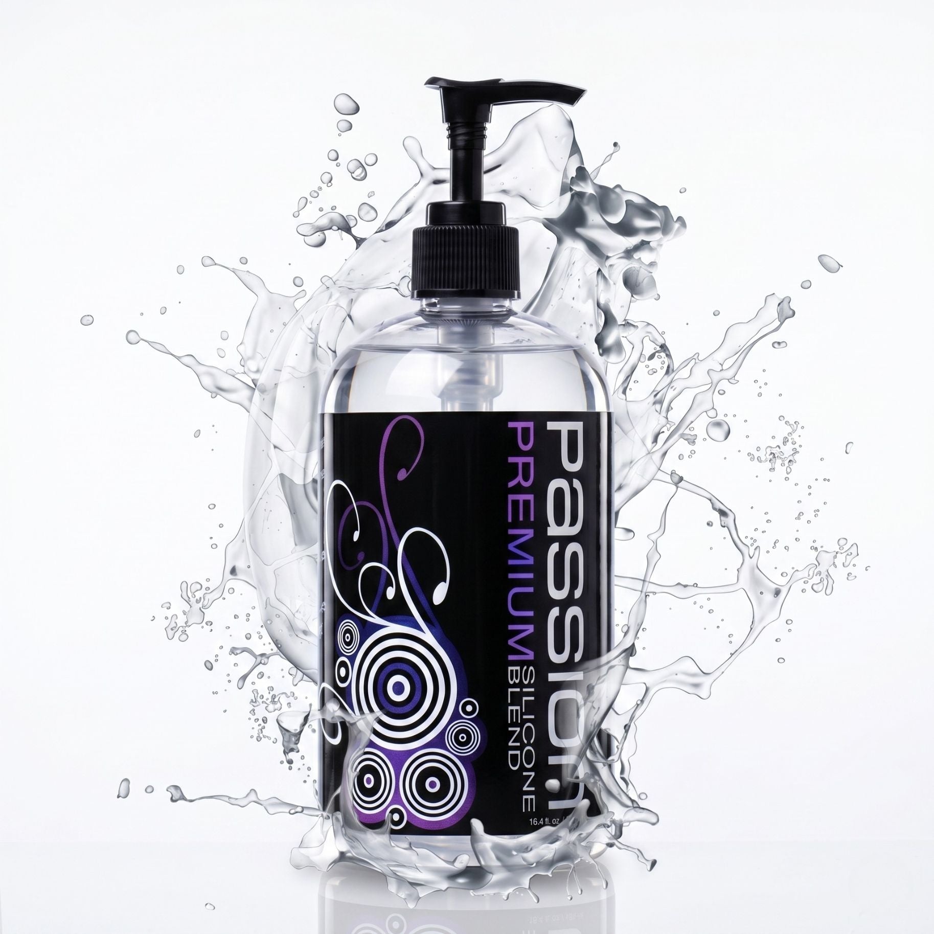 Passion Premium Silicone Blend lubricant bottle surrounded by water splash effect on white background