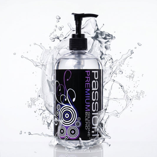 Passion Premium Silicone Blend lubricant bottle surrounded by water splash effect on white background