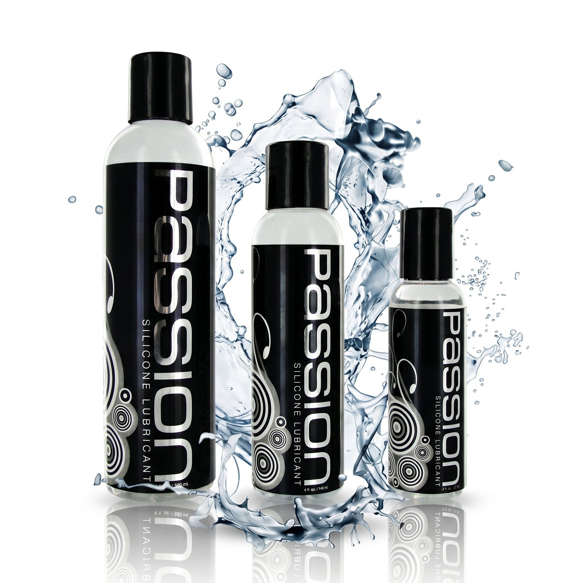 three sizes of Passion silicone lubricant bottles displayed with water splash background