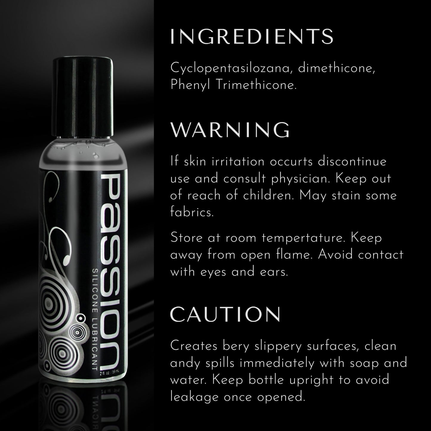 Passion silicone lubricant bottle beside ingredient, warning, and caution information panel on black background